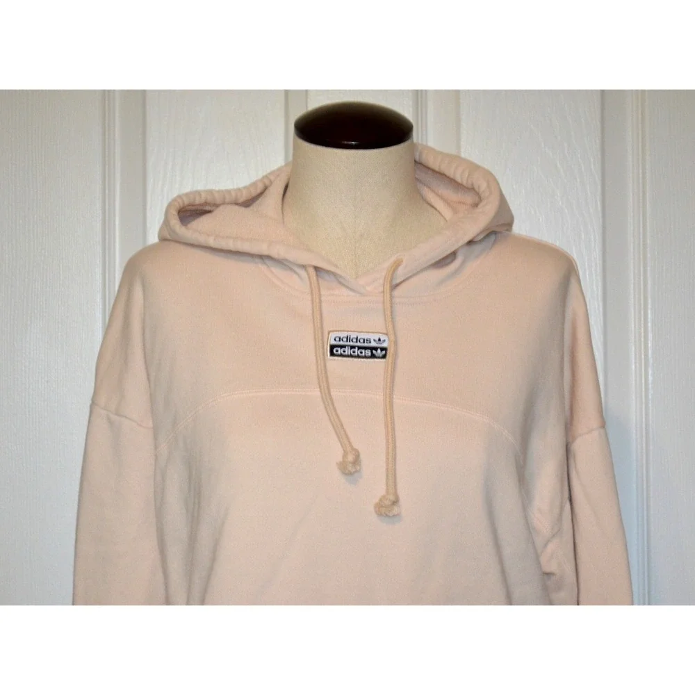Adidas‎ Women's L Oversized Beige Cropped Hoodie Pullover Sweatshirt Logo
